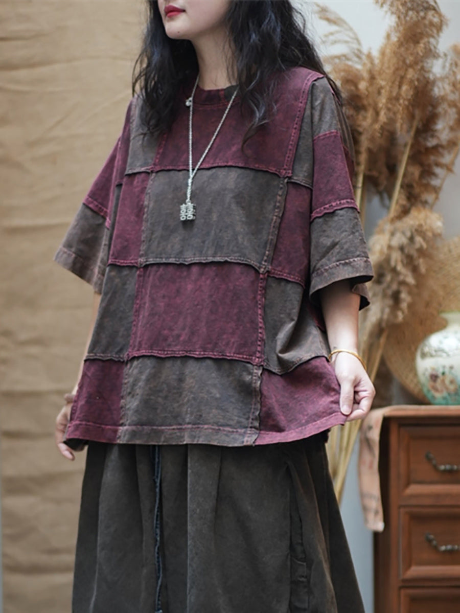 Women Summer Retro Colorblock Plaid O-Neck Cotton Shirt