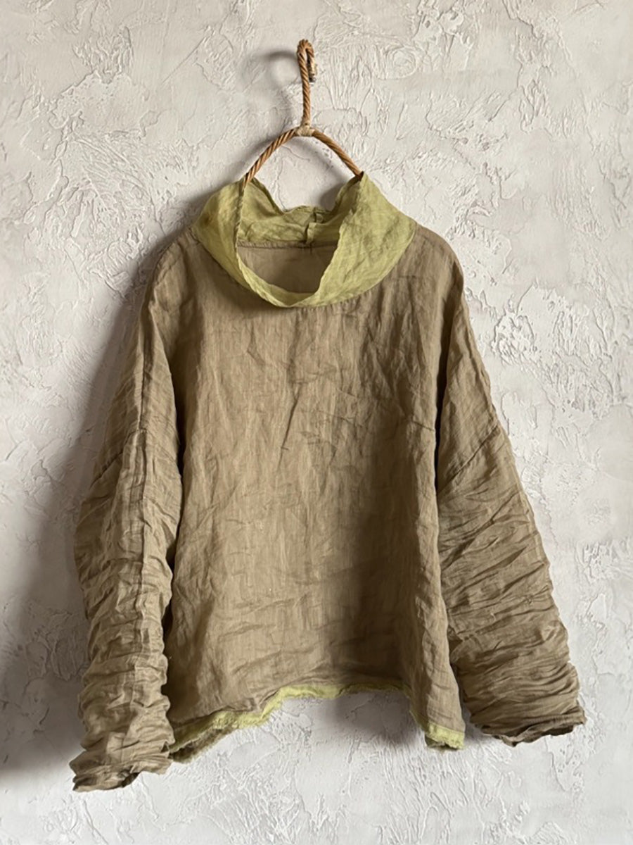 Women Spring Artsy Flower Heaps Collar Ramie Shirt