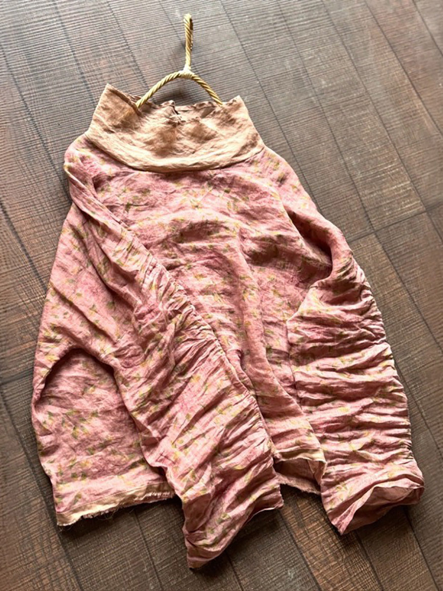 Women Spring Artsy Flower Heaps Collar Ramie Shirt