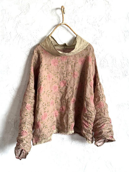 Women Spring Artsy Flower Heaps Collar Ramie Shirt