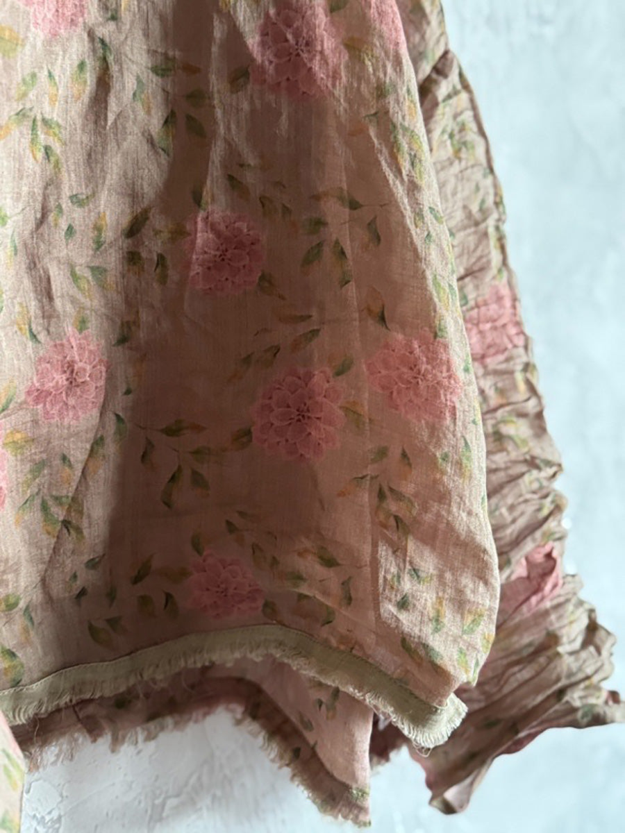 Women Spring Artsy Flower Heaps Collar Ramie Shirt