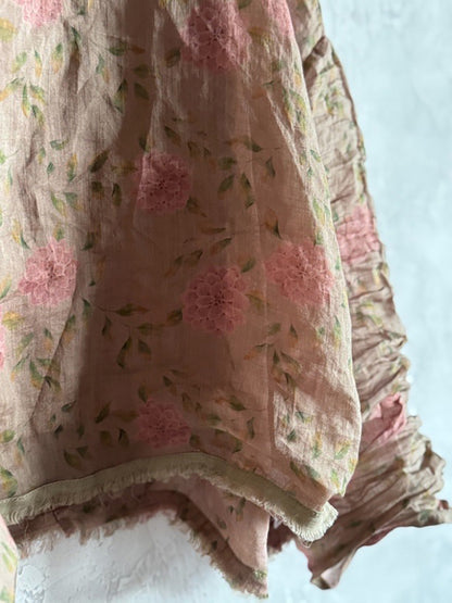 Women Spring Artsy Flower Heaps Collar Ramie Shirt
