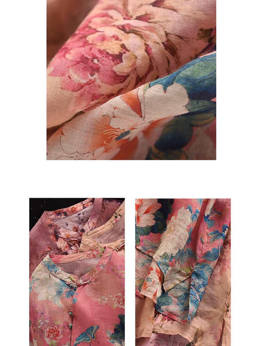 Plus Size Women Summer Retro Flower Stand Collar 100%Ramie Shirt