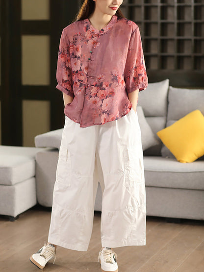 Plus Size Women Summer Retro Flower Stand Collar 100%Ramie Shirt