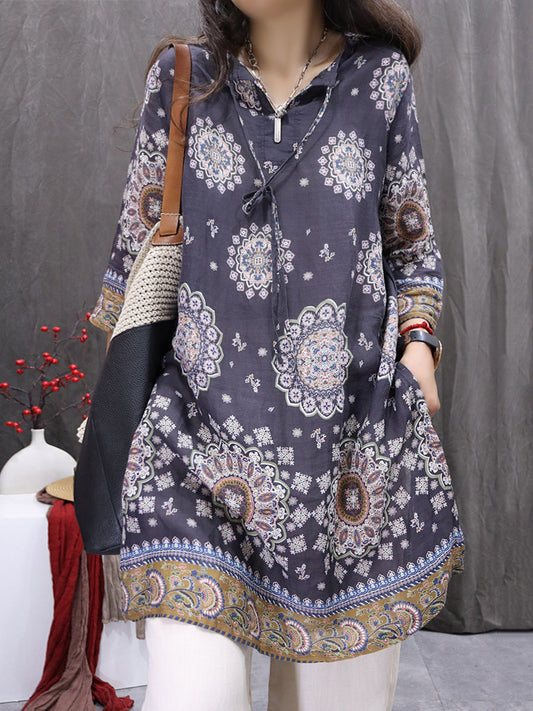 Women Spring Artsy O-Neck Flower 100%Ramie Shirt