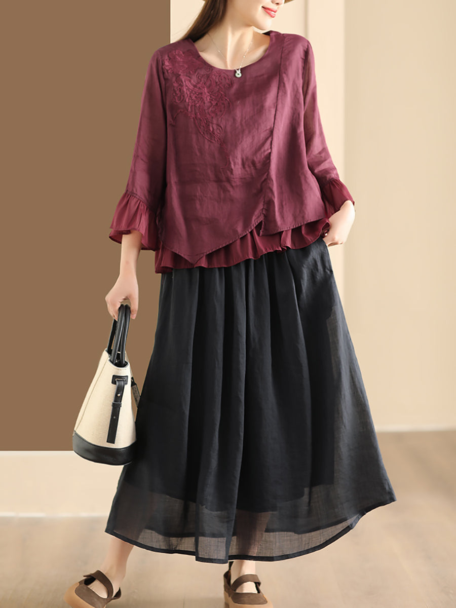 Plus Size Women Casual Solid Ramie Summer Skirts