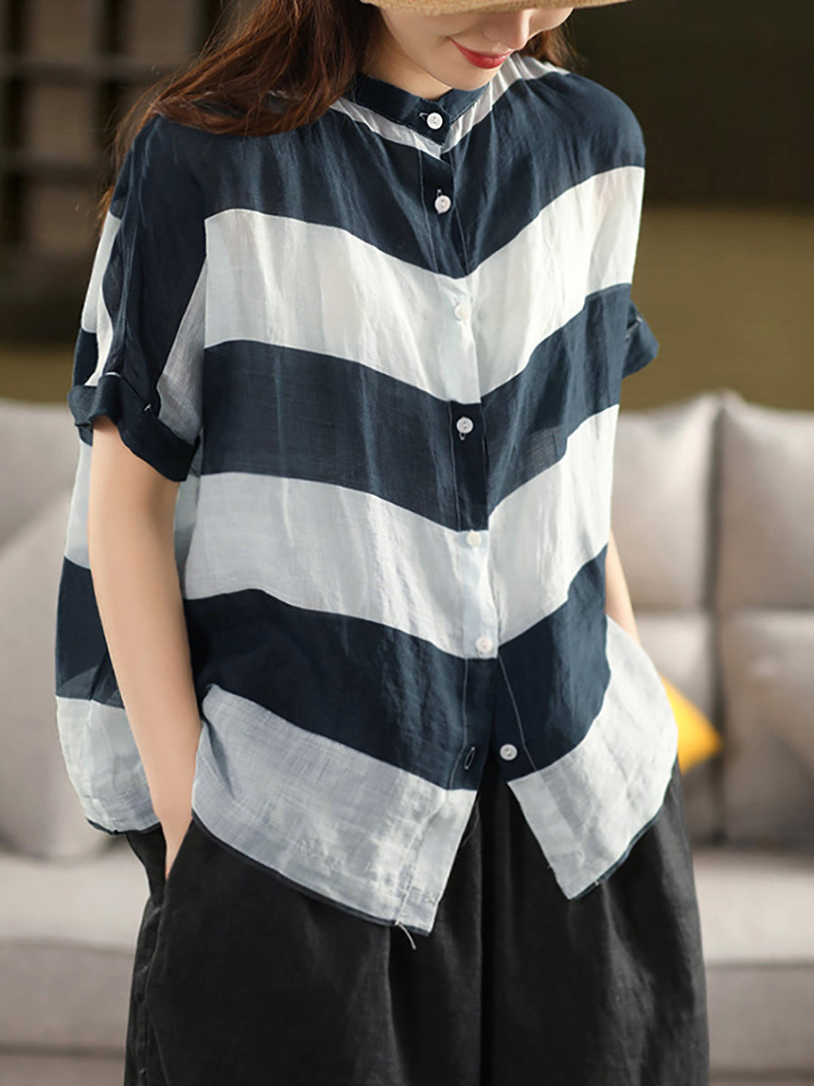 Women Summer Stripe Stand Collar 100%Ramie Thin Shirt