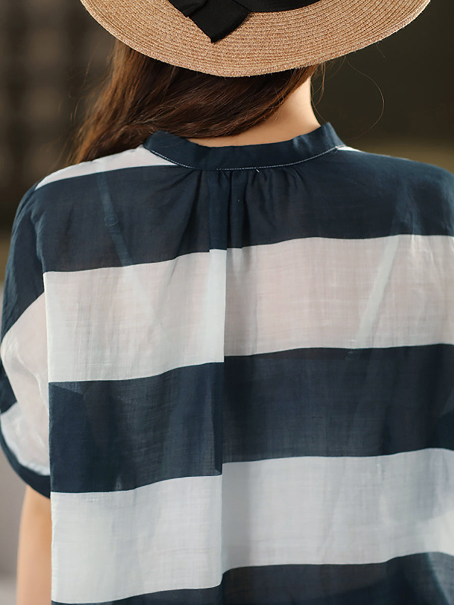 Women Summer Stripe Stand Collar 100%Ramie Thin Shirt