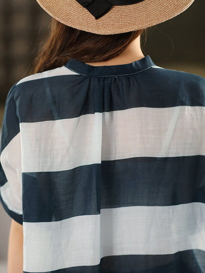 Women Summer Stripe Stand Collar 100%Ramie Thin Shirt