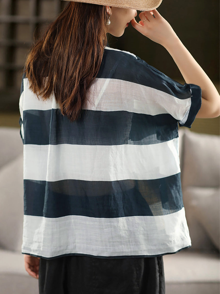 Women Summer Stripe Stand Collar 100%Ramie Thin Shirt