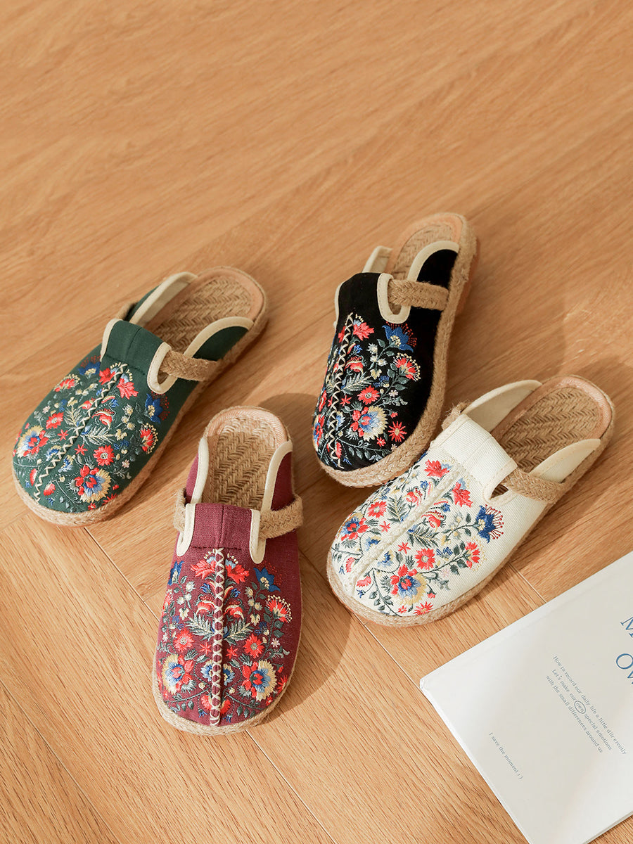 Women Summer Ethnic Flower Embroidery Cotton Slippers
