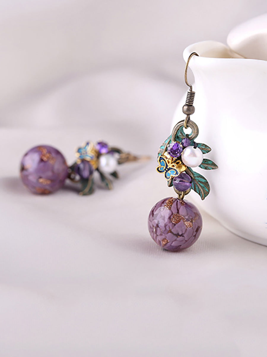 Women Ethnic Glass Bead Copper Cloisonne Earrings