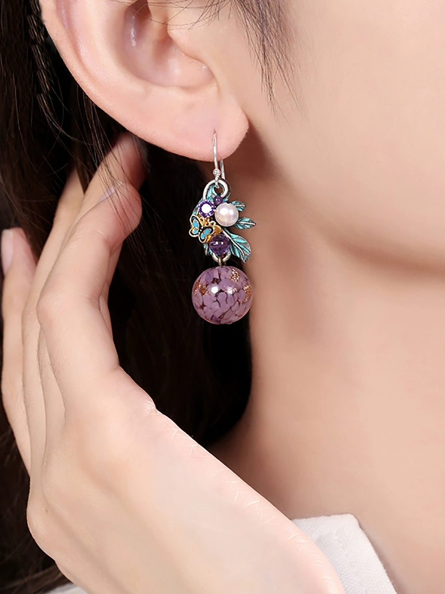 Women Ethnic Glass Bead Copper Cloisonne Earrings