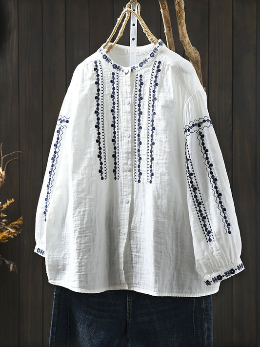 Women Summer Embroidery Stand Collar 100%Cotton Shirt