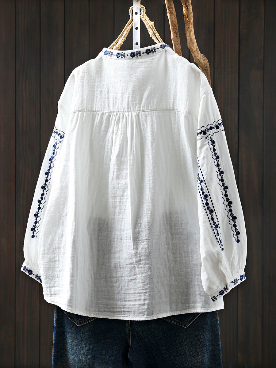 Women Summer Embroidery Stand Collar 100%Cotton Shirt