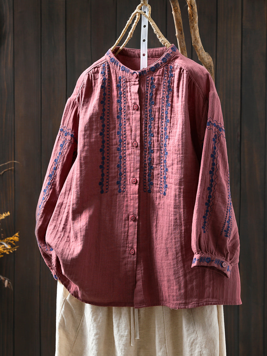 Women Summer Embroidery Stand Collar 100%Cotton Shirt