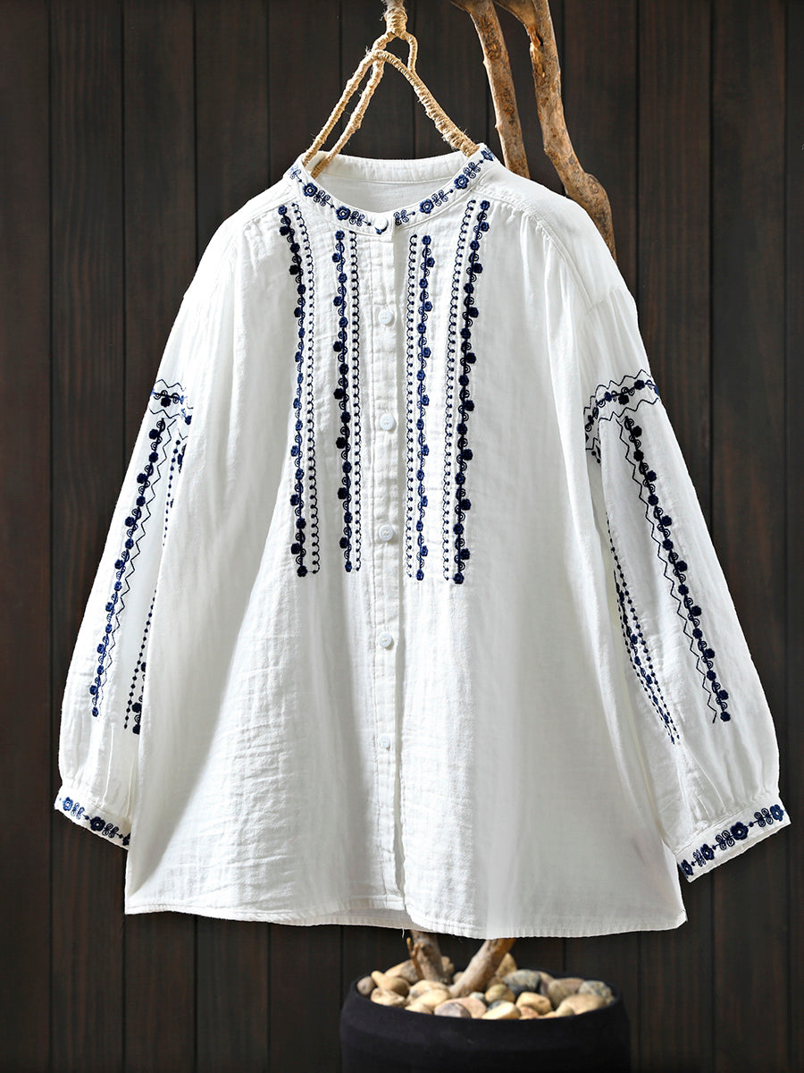 Women Summer Embroidery Stand Collar 100%Cotton Shirt