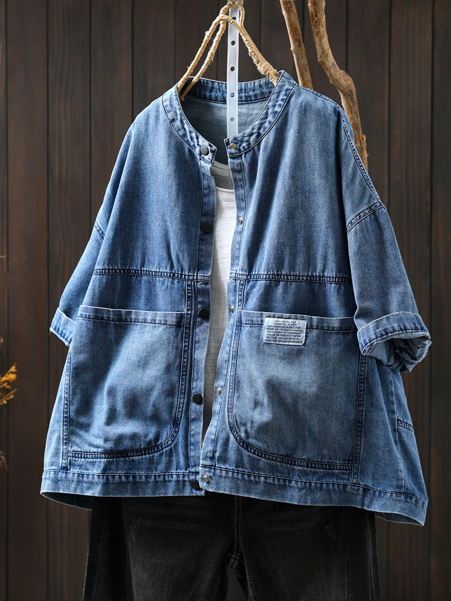 Women Summer Retro Pure Color Stand Collar Denim Shirt