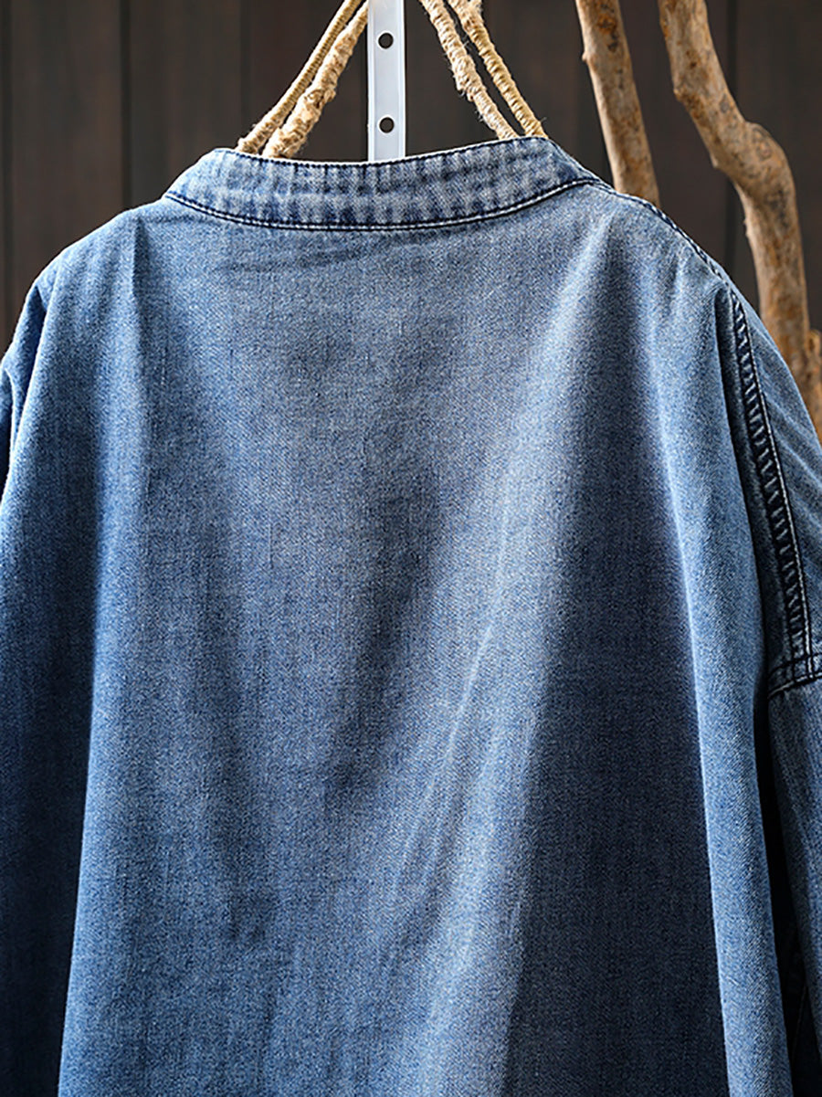 Women Summer Retro Pure Color Stand Collar Denim Shirt