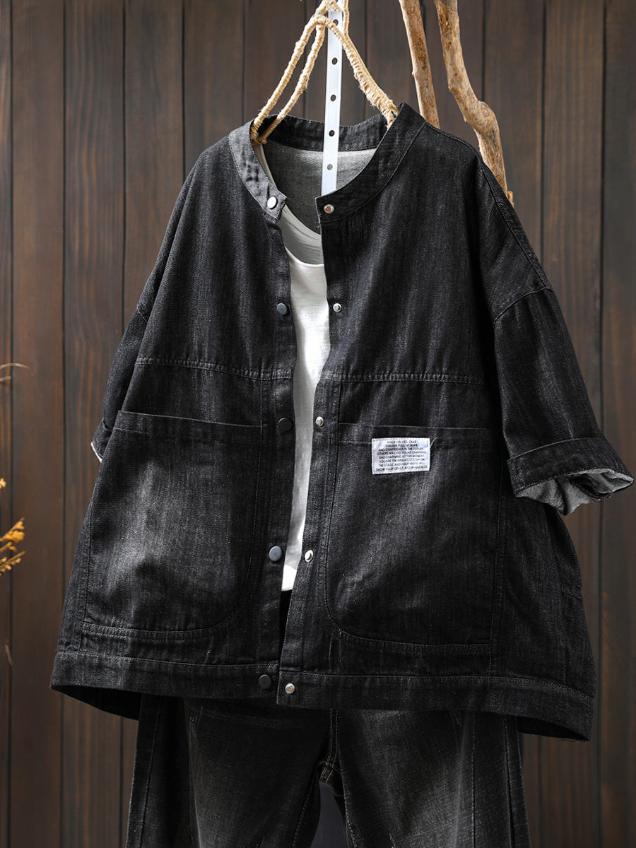 Women Summer Retro Pure Color Stand Collar Denim Shirt