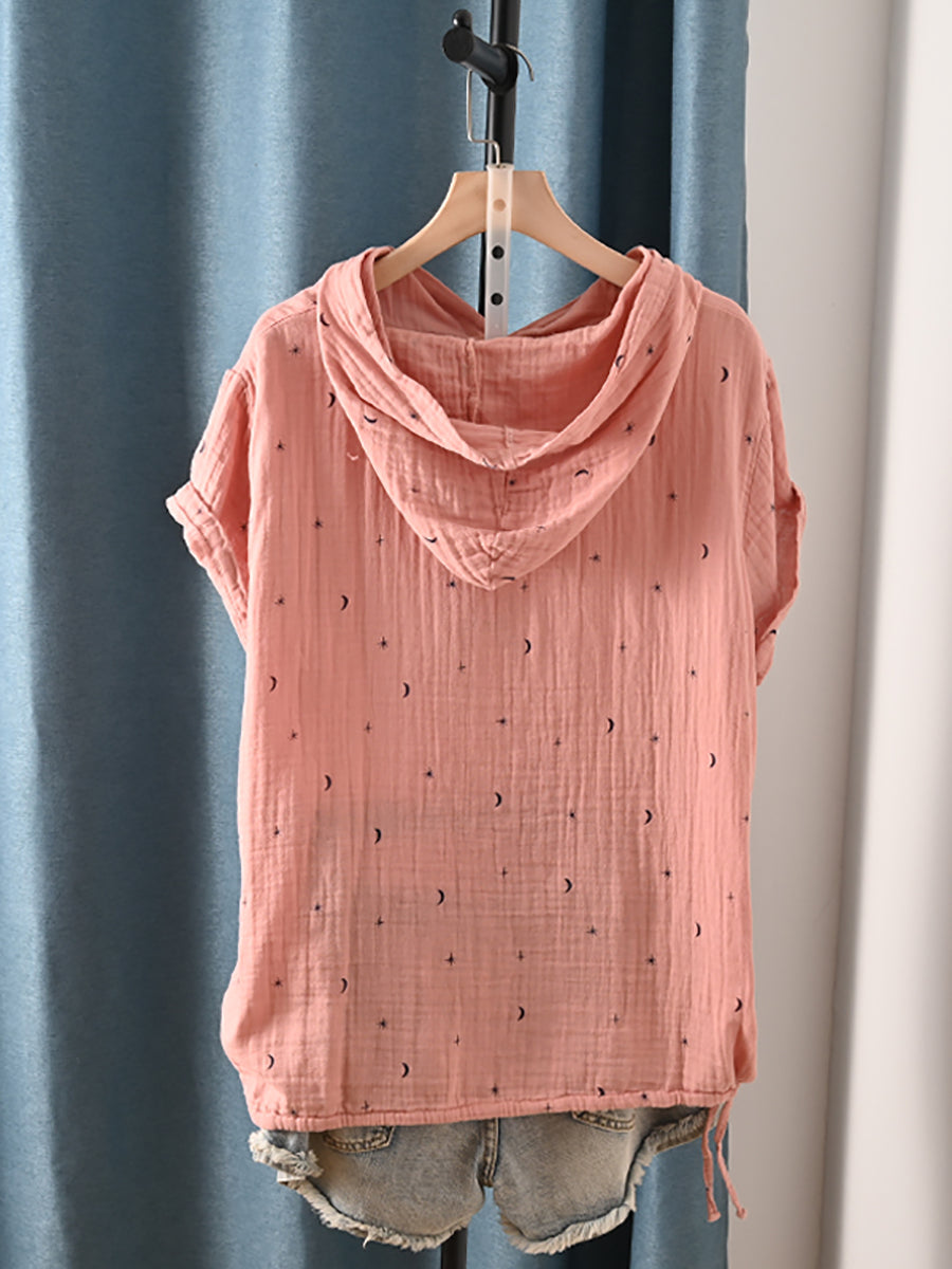 Plus Size Women Summer Casual Print Hooded 100%Cotton Shirt