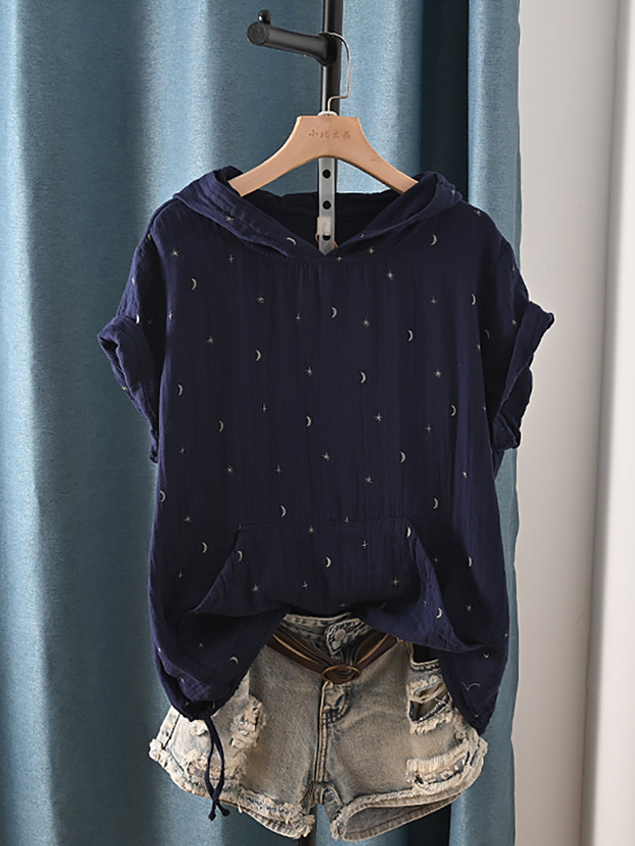 Plus Size Women Summer Casual Print Hooded 100%Cotton Shirt