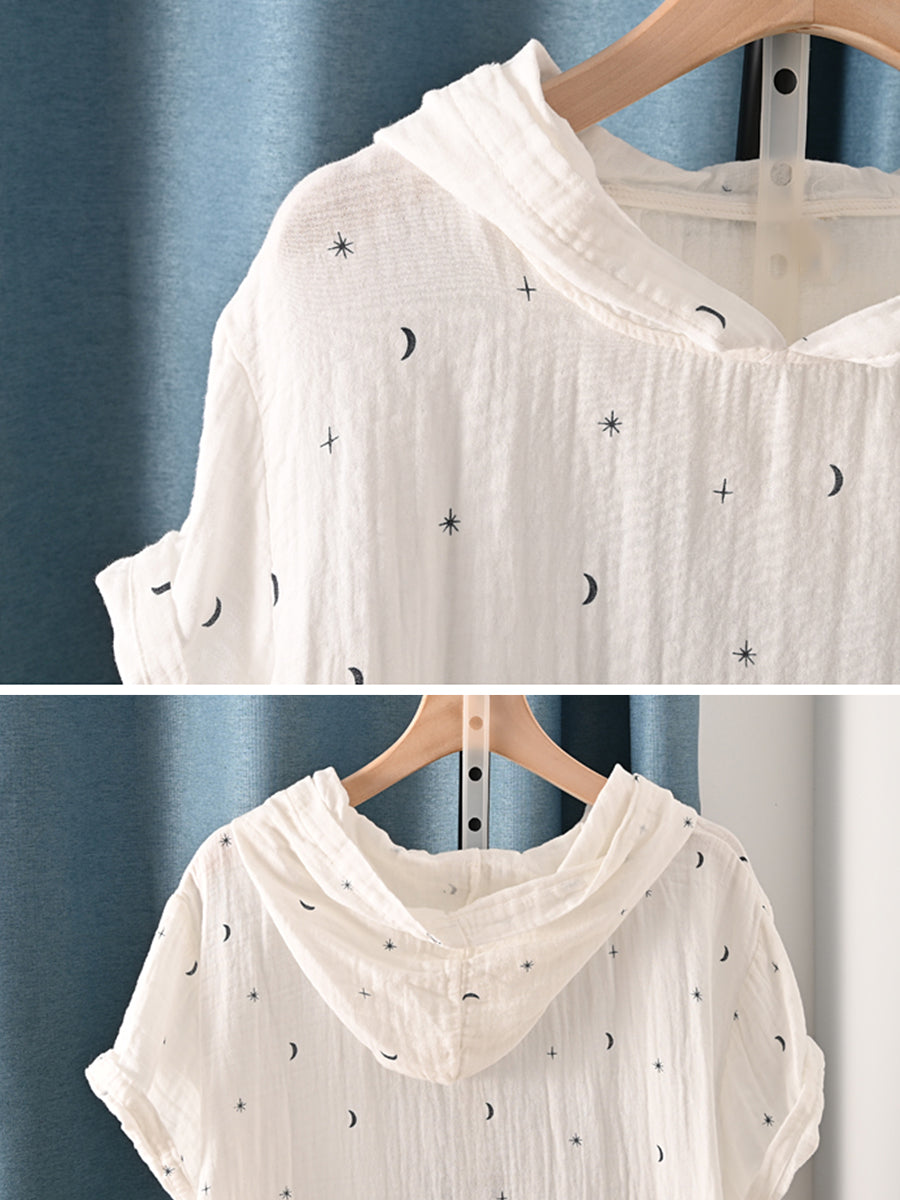 Plus Size Women Summer Casual Print Hooded 100%Cotton Shirt