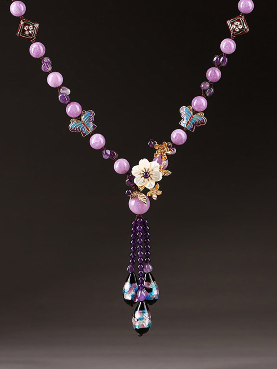 Women Vintage Purple Bead Flower Tassel Long Necklace