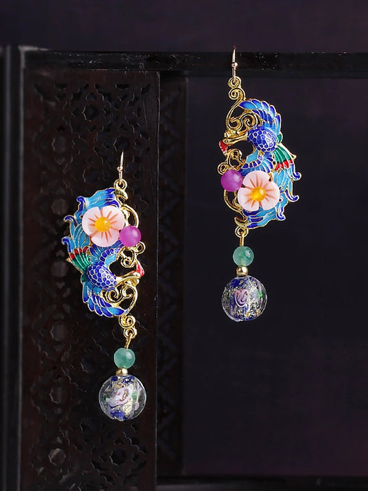Women Vintage Cloisonne Phenix S925Sliver Earrings