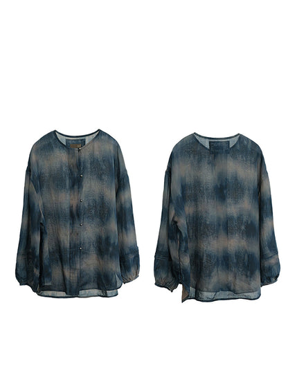 Plus Size Women Summer Artsy Tie-dye O-Neck 100%Ramie Shirt