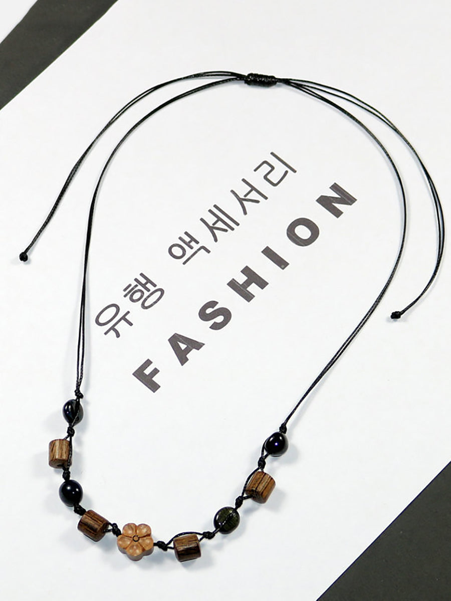 Women Artsy Wooden Straw Geometric Pendent Necklace