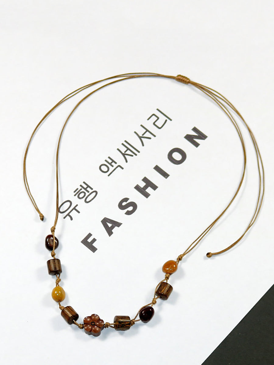 Women Artsy Wooden Straw Geometric Pendent Necklace