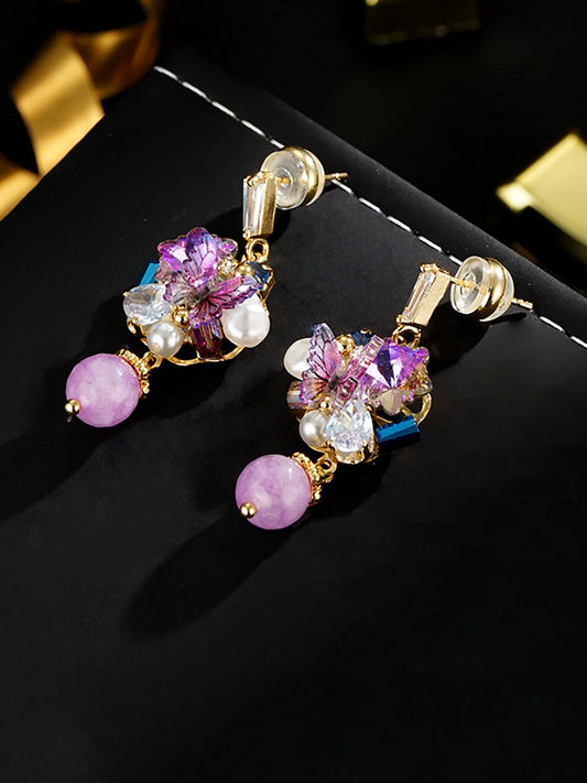 Women Artsy Butterfly Bead Pearl Copper Earrings