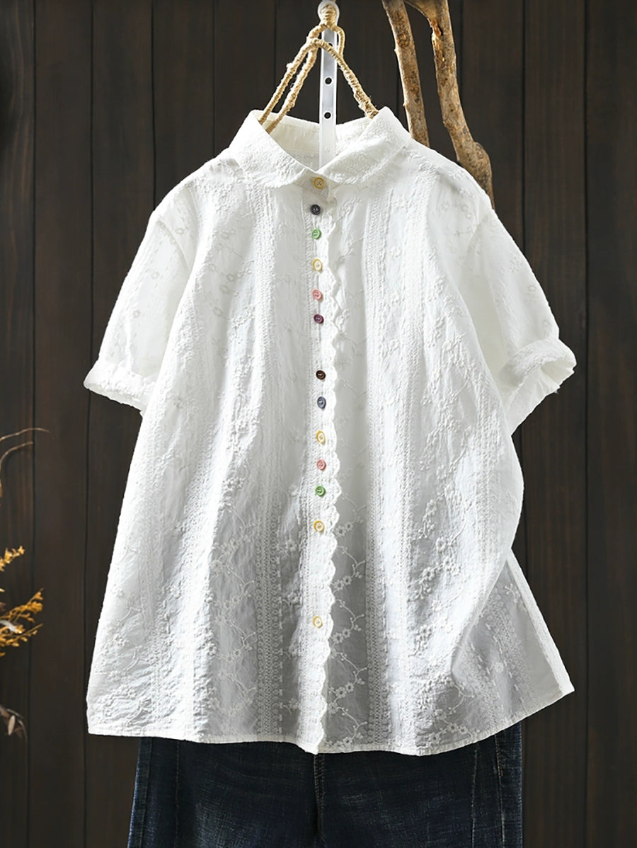Women Artsy Jacquard Turn-down Collar 100%Cotton Shirt