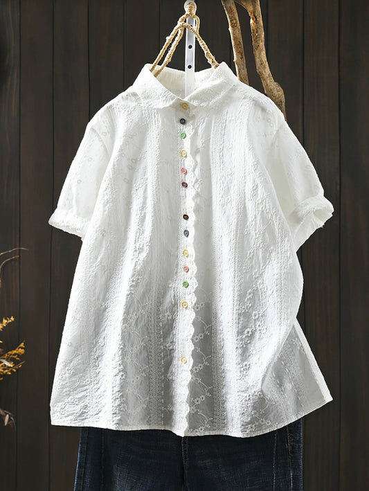 Women Artsy Jacquard Turn-down Collar 100%Cotton Shirt