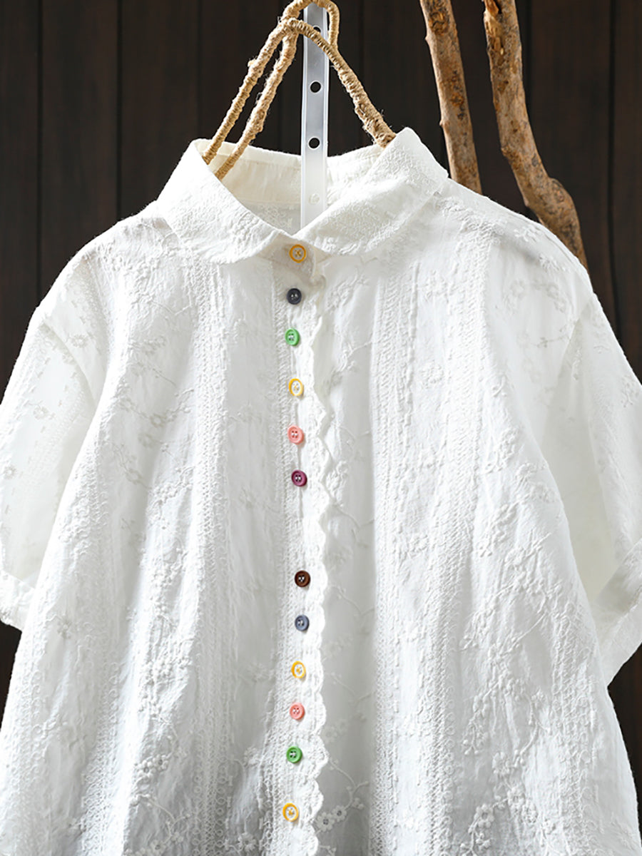 Women Artsy Jacquard Turn-down Collar 100%Cotton Shirt