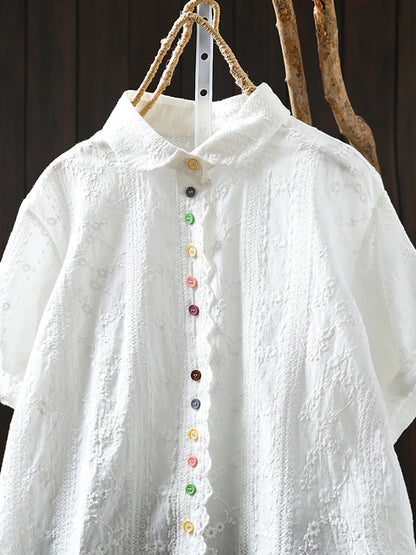 Women Artsy Jacquard Turn-down Collar 100%Cotton Shirt