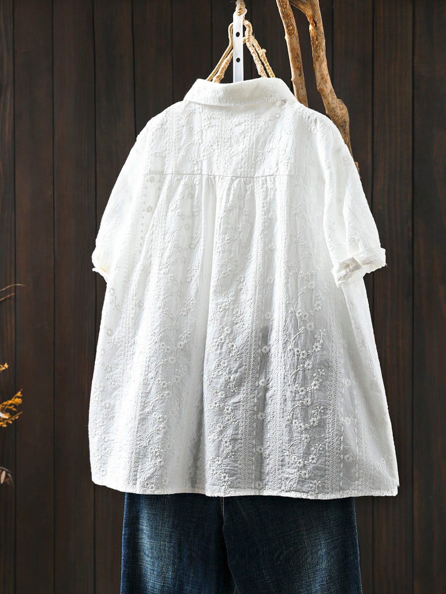 Women Artsy Jacquard Turn-down Collar 100%Cotton Shirt