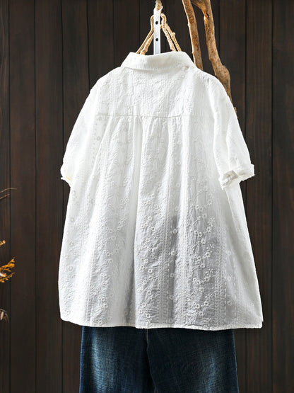 Women Artsy Jacquard Turn-down Collar 100%Cotton Shirt