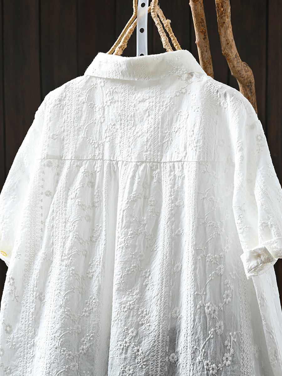 Women Artsy Jacquard Turn-down Collar 100%Cotton Shirt