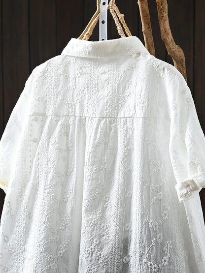 Women Artsy Jacquard Turn-down Collar 100%Cotton Shirt