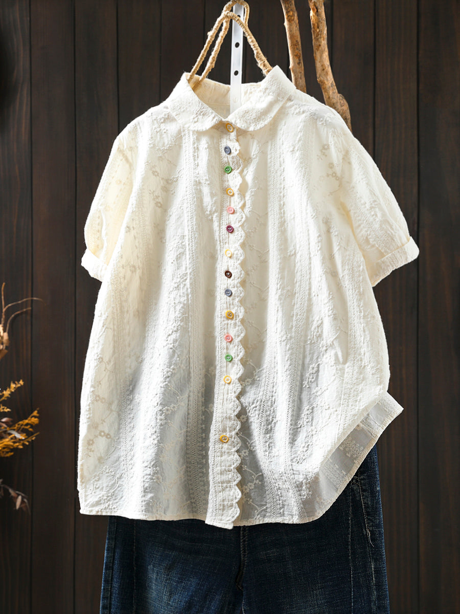 Women Artsy Jacquard Turn-down Collar 100%Cotton Shirt