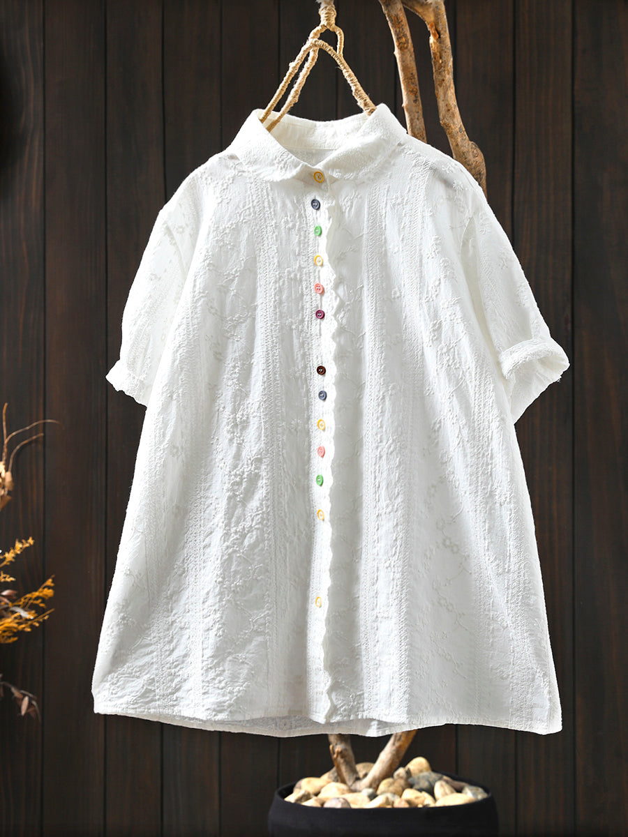 Women Artsy Jacquard Turn-down Collar 100%Cotton Shirt