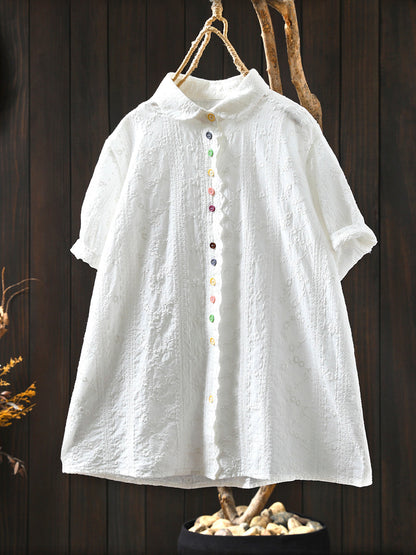 Women Artsy Jacquard Turn-down Collar 100%Cotton Shirt