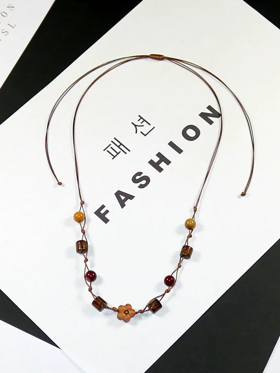 Women Artsy Wooden Straw Geometric Pendent Necklace