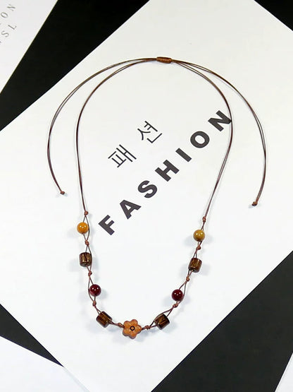 Women Artsy Wooden Straw Geometric Pendent Necklace