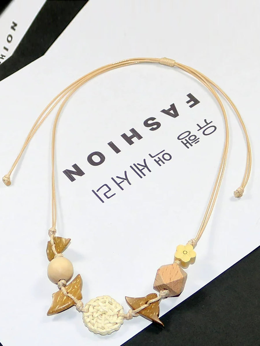 Women Artsy Wooden Straw Geometric Pendent Necklace