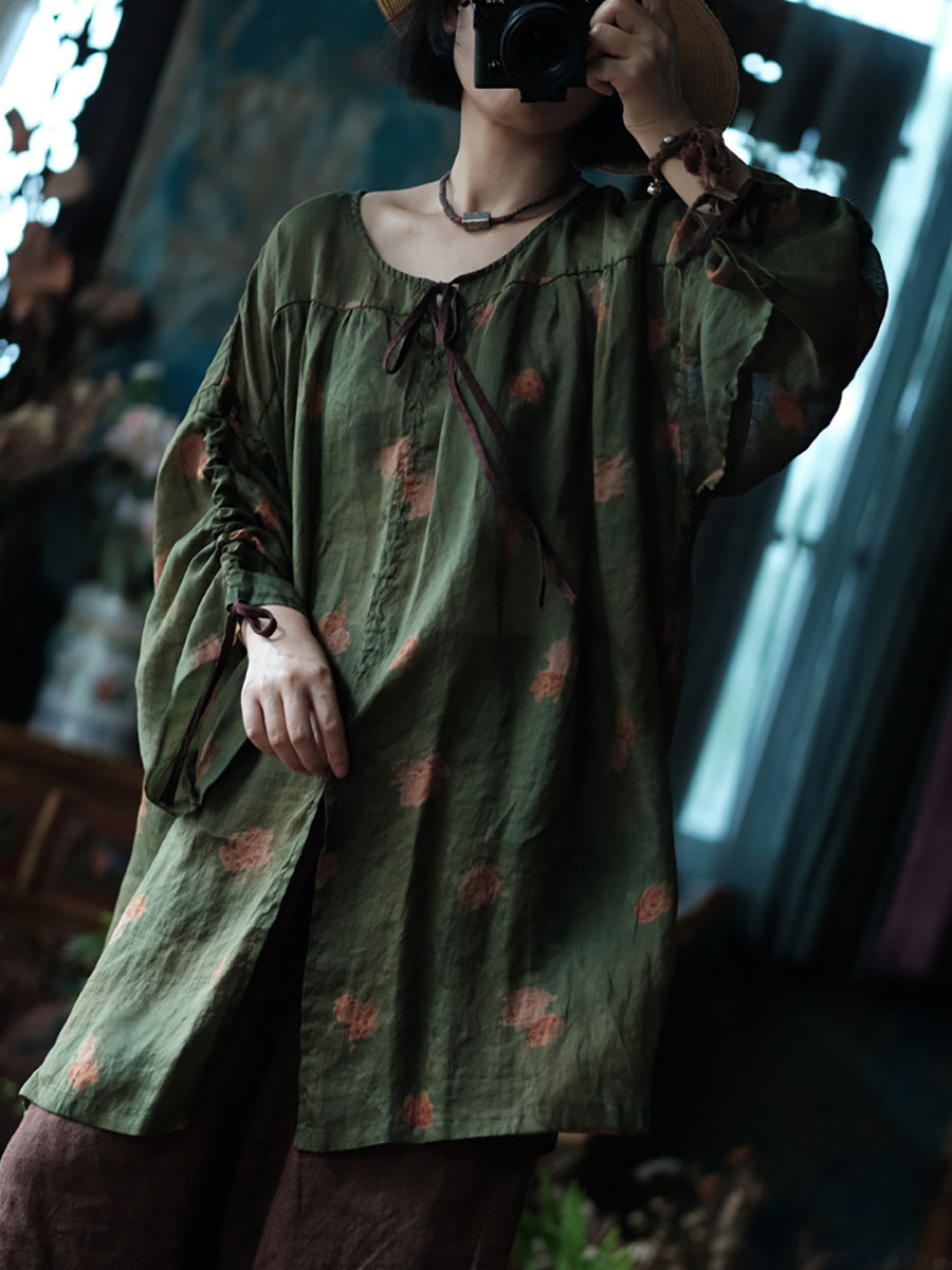Women Summer Retro Flower O-Neck Ramie Loose Shirt