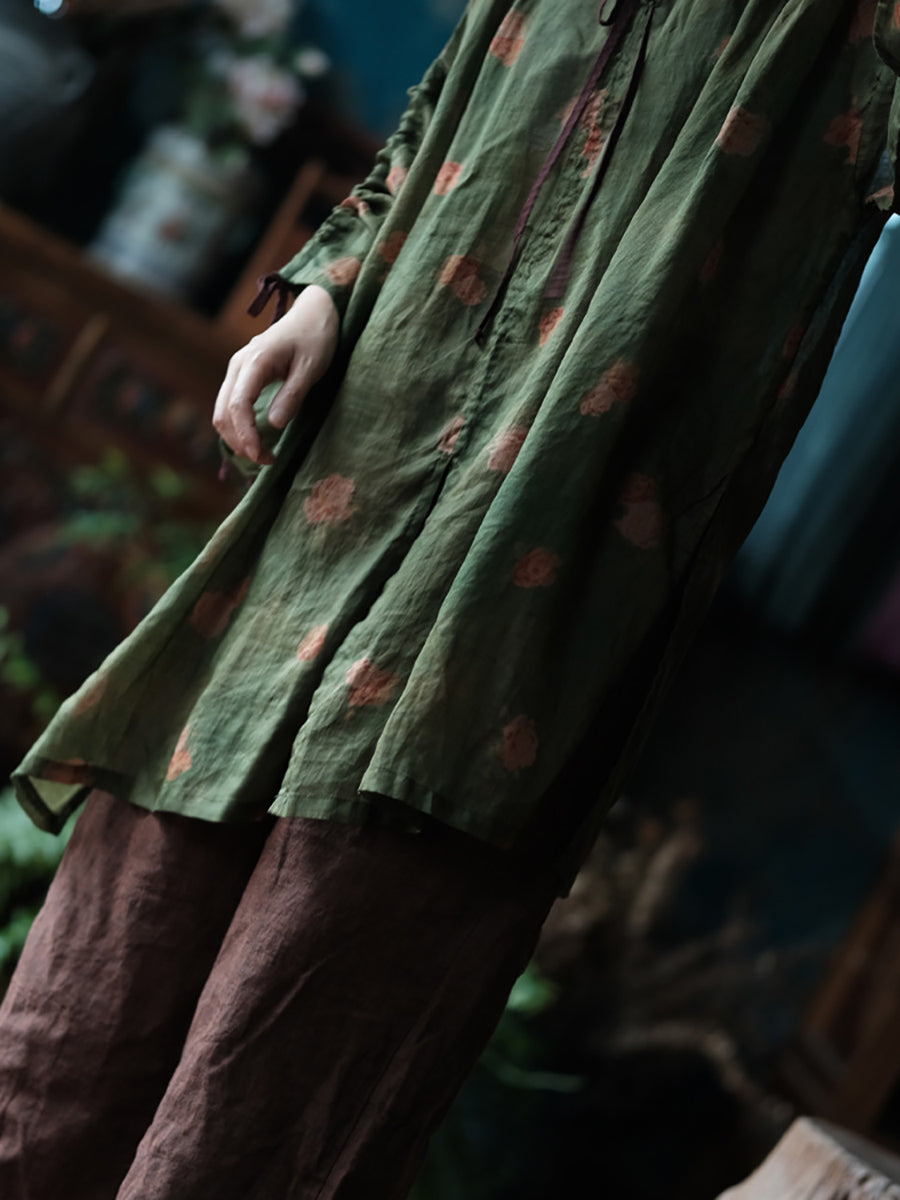 Women Summer Retro Flower O-Neck Ramie Loose Shirt