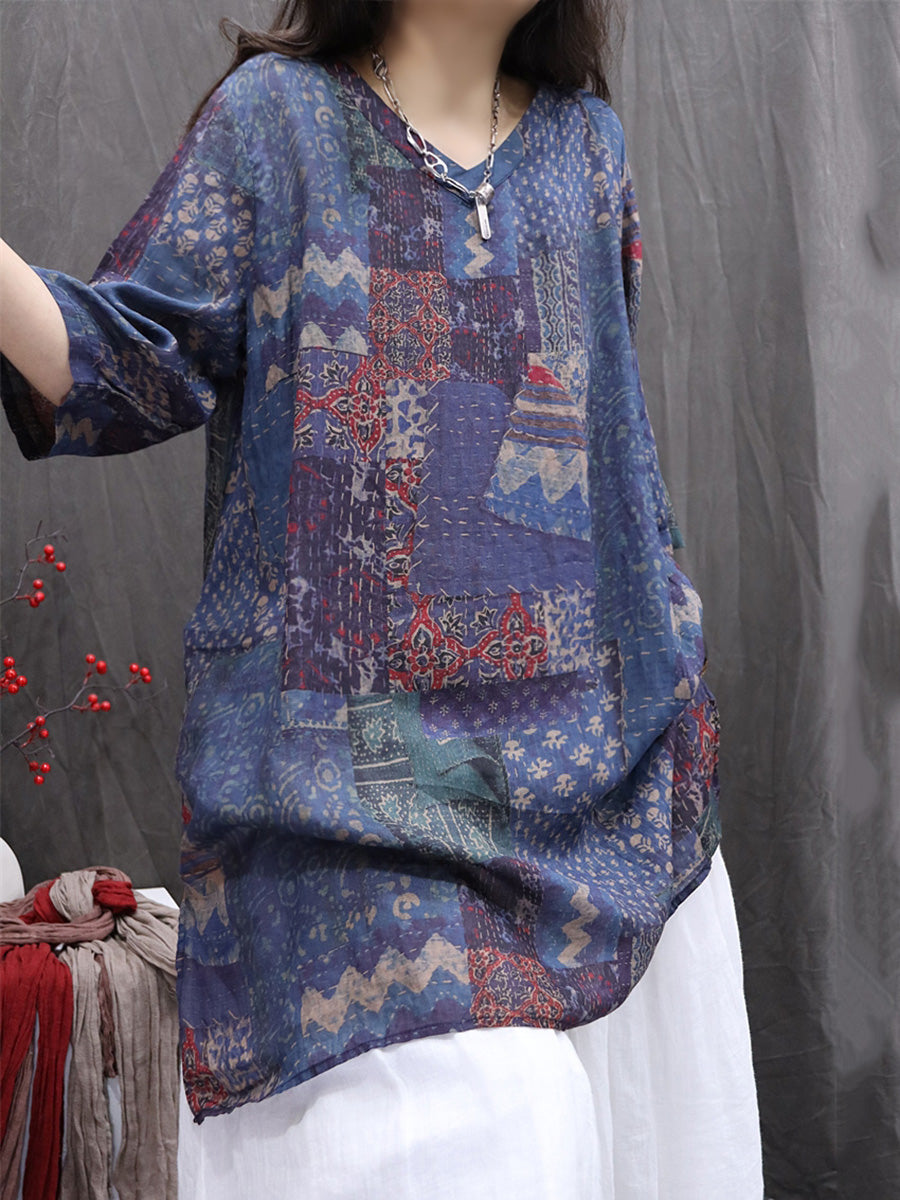 Women Summer Print V-Neck 100%Ramie Thin Long Shirt